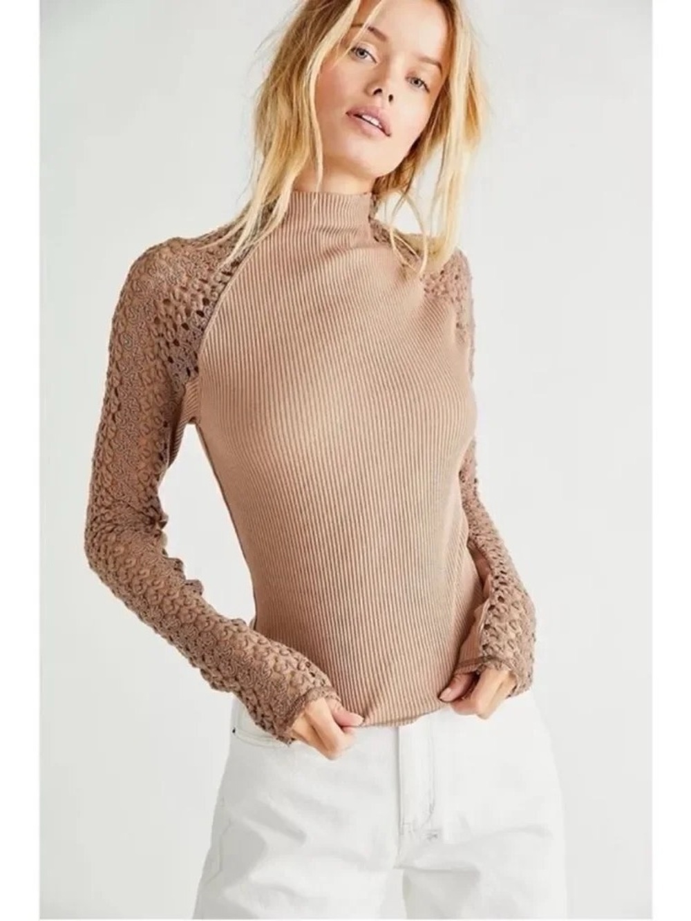 Free People Clemente Mock Neck Lace Sleeve Thermal Top Tan Beige Women Size XL